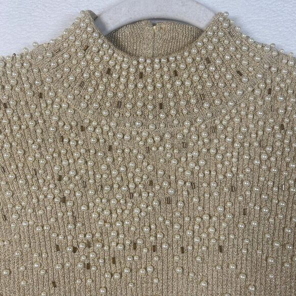 Cache Gold Metallic Pearl Embellished Mock Neck Sweater M Back Zip Beaded Knit - Picture 6 of 11